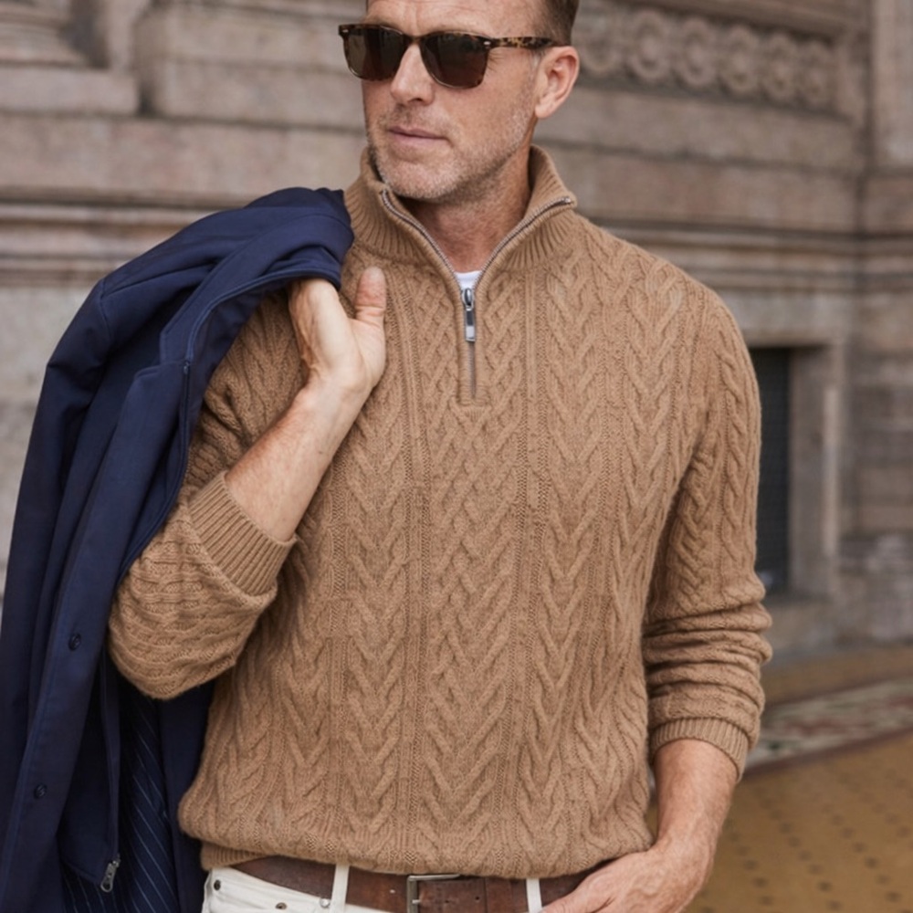 Men's 100% Cashmete Camel Cable-Knit Half-Zip Sweater